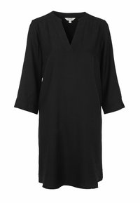 Schwarzes Tunika-Kleid aus leichtem Stoff, mit einem V-Ausschnitt und drei Viertelärmeln, in lockerer Passform und geradem Saum.