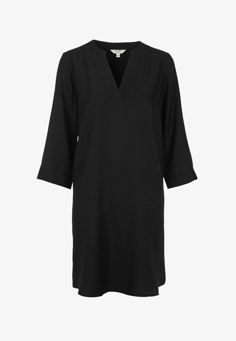 Schwarzes Tunika-Kleid aus leichtem Stoff, mit einem V-Ausschnitt und drei Viertelärmeln, in lockerer Passform und geradem Saum.