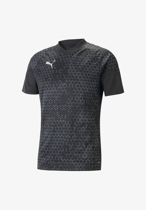 T-shirt sportivo nero con maniche corte, caratterizzato da un motivo geometrico a triangolo in diverse sfumature di grigio e un logo bianco sul petto.