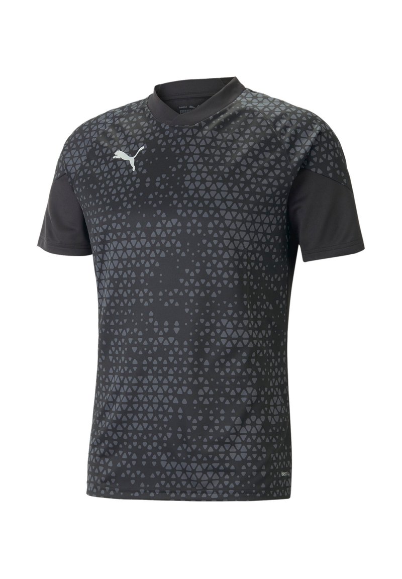 T-shirt sportivo nero con maniche corte, caratterizzato da un motivo geometrico a triangolo in diverse sfumature di grigio e un logo bianco sul petto.