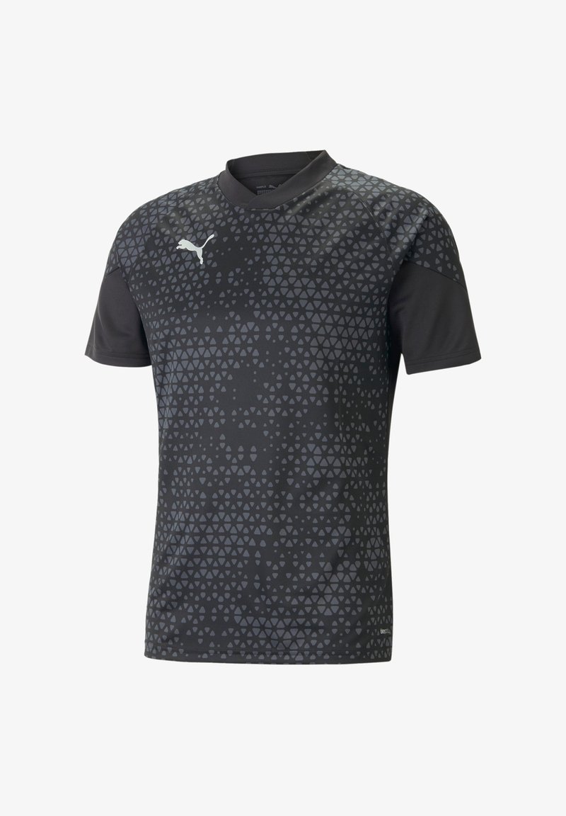 T-shirt sportivo nero con maniche corte, caratterizzato da un motivo geometrico a triangolo in diverse sfumature di grigio e un logo bianco sul petto.