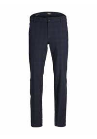 Pantaloni a quadri blu navy realizzati in tessuto intrecciato, con una vestibilità slim, chiusura frontale con bottone e tasche laterali per maggiore praticità.