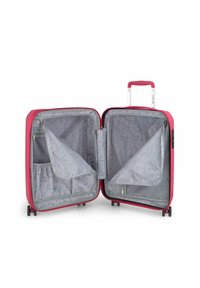 Hartschalen-Rosa-Koffer mit zwei Fächern; beinhaltet graue Innenausstattung, Taschen, ein Netzfach und einen ausziehbaren Griff oben.