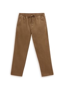 Pantalon marron léger en coton avec une taille élastique, une fermeture à cordon de serrage et des poches latérales ; coupe droite, texture lisse.