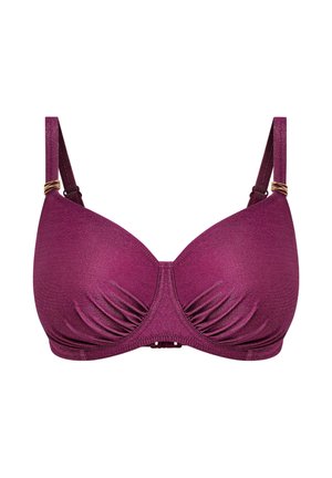 Sujetador malva con copas moldeadas y textura sutil; cuenta con tirantes ajustables con detalles de herrajes dorados y cierre con broche en la parte posterior.