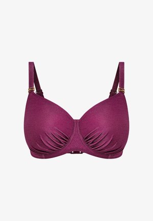 Mauve beha met gevormde cups en subtiele textuur; voorzien van verstelbare bandjes met gouden accenten en een sluiting aan de achterkant.