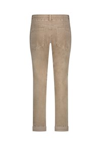 Beige corduroy bukser med lige ben, elastisk talje og oprevet manchet. Har to baglommer og en ribbet struktur.