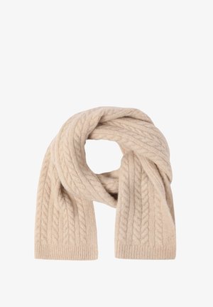 Puha bézs gyapjú sál, textúrált kábelmintával és bordázott végekkel. A dizájn vastag és meleg, ideális hideg időjáráshoz.