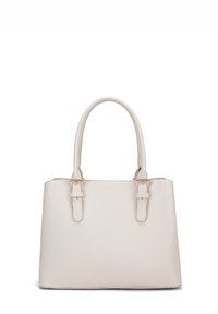 Borsa strutturata di un beige chiaro, realizzata in pelle liscia, con doppi manici superiori, accessori in metallo dorato e forma rettangolare.