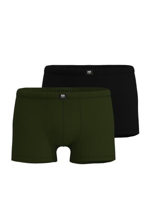Zwei Paar Herren-Boxershorts in Schwarz und Dunkelgrün, jeweils mit elastischem Bund und einem kleinen, zentrierten Logolabel.
