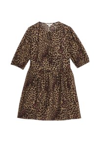 Robe en imprimé léopard avec un col rond, des manches trois-quarts, des volants et une taille froncée. Fabriquée en tissu léger dans des tons de beige et de marron.