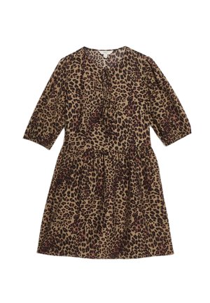Leopardmuster-Kleid mit rundem Ausschnitt, dreiviertel langen Ärmeln, Rüschendetail und gerafftem Taillenbereich. Aus leichtem Stoff in Beige- und Brauntönen gefertigt.