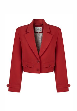 Roter verkürzter Blazer aus glattem Stoff. Verfügt über Reverskragen, zwei vordere Klapptaschen, zwei Knöpfe und eine gesteppte Innenauskleidung mit geometrischem Muster.