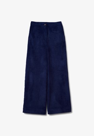 Pantalones de pana anchos de color azul marino con cierre de botón, bolsillos laterales, textura acanalada y un ajuste relajado para mayor comodidad.