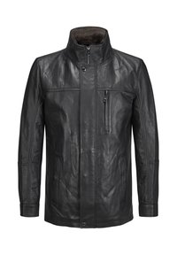 Schwarze Lederjacke mit hohem Kragen, Frontreißverschluss und mehreren Taschen. Bietet ein elegantes Design und eine glatte Textur.