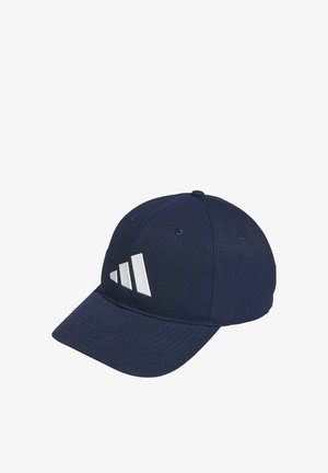 Gorra azul marino de material textil, con visera curva y un logo blanco de tres rayas en la parte frontal.