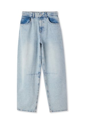 Jeans in denim azzurro chiaro a vita alta con gamba dritta, tasche frontali, passanti per cintura e dettagli sbiaditi intorno alla vita e alle ginocchia.
