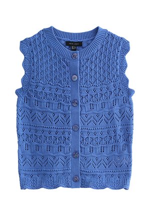 Veste sans manches bleue en tricot avec bords festonnés, motifs en dentelle complexes et fermeture à boutons sur le devant.