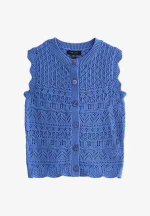 Niebieska, dziergana kamizelka bez rękawów z falistymi krawędziami, misternymi wzorami koronkowymi i zapięciem na guziki z przodu.
