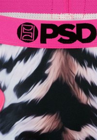 PSD mærkeundertøj med en pink elastisk talje. Stoffet har et sort og beige abstrakt mønster, glat struktur og levende farver.