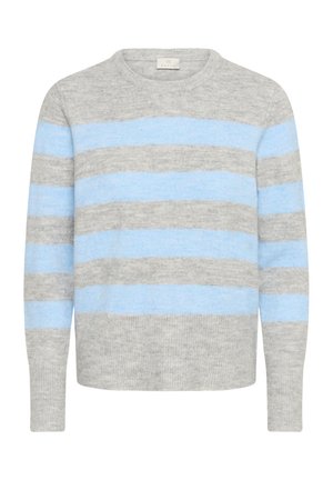 Grau- und hellblau gestreifter Pullover aus weichem Material, mit rundem Ausschnitt und langen Ärmeln mit gerippten Bündchen.
