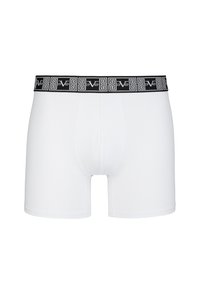Witte boxershort met een zwarte elastische tailleband, voorzien van een geometrisch wit patroon en logo-print. Gemaakt van zachte, rekbare stof.