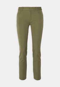 Olivgröna skräddarsydda byxor med rak bendesign, som har en slät yta, två framfickor och en standard midja.