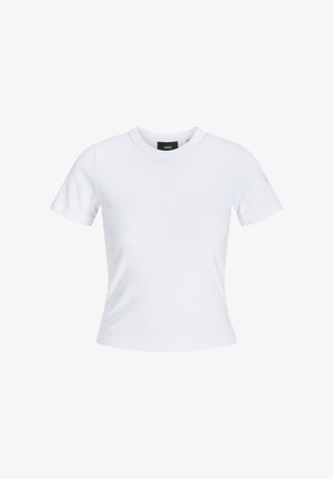 T-shirt blanc à manches courtes avec un col rond, fabriqué en matériau coton, présentant une silhouette ajustée et une étiquette de marque noire à l'intérieur du col.
