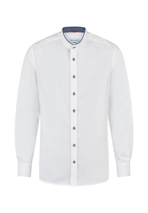 Weißes, langärmliges Hemd mit Knopfleiste, Stehkragen, kontrastierendem innenliegendem Kragenfutter und sieben dunklen Knöpfen auf der Vorderseite.