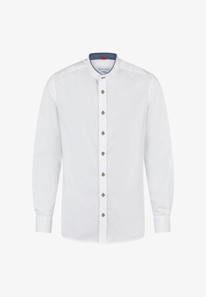 Weißes, langärmliges Hemd mit Knopfleiste, Stehkragen, kontrastierendem innenliegendem Kragenfutter und sieben dunklen Knöpfen auf der Vorderseite.