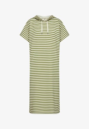 Csíkos ruha olíva zöld és krém színben, rövid ujjakkal, kapucnival és elülső zsebekkel. Könnyű, lélegző anyagból készült.