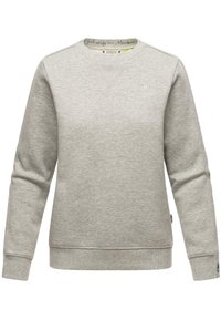 Felpa grigia chiara realizzata in morbido misto cotone, con collo a giro, maniche lunghe, polsini a coste e un piccolo logo sul petto.