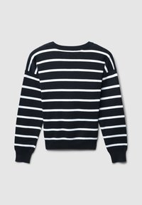 Maglione blu navy con strisce orizzontali bianche, colletto a giro, polsini e orlo a costine, che mette in mostra una morbida texture a maglia e una vestibilità comoda.