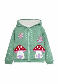 Zelená mikina na zips s bielymi bodkami. Má na prednej strane dve aplikačné huby a dva dizajny víl. Mäkká textúra látky.