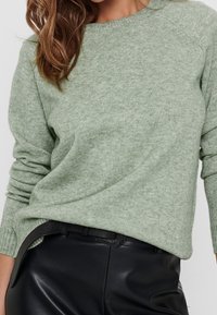 Hellgrüner Strickpullover mit Rundhalsausschnitt und gerippten Bündchen, kombiniert mit schwarzen Lederhosen und einem schwarzen Gürtel. Die Textur wirkt weich und gemütlich.