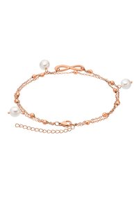 Bracciale in oro rosa con due perle bianche, caratterizzato da un charm a infinito, maglie testurizzate e piccole perline rotonde per un tocco di dettaglio.