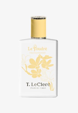 Bouteille de parfum rectangulaire blanche avec un capuchon jaune, motif floral jaune, étiquetée "Le Poudré Frangipanier" et "T. LeClerc Paris 1881".