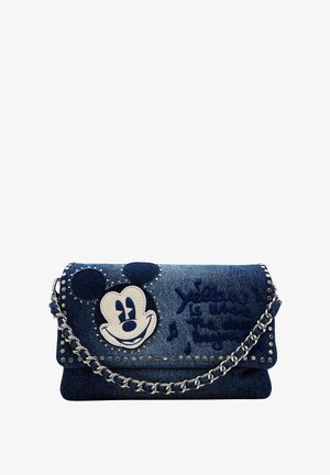 Jeansowa torba na ramię z srebrnym łańcuszkiem, zdobieniami w postaci ćwieków, uśmiechniętą postacią myszy z kreskówki oraz wyhaftowanym napisem "Yellow is where the day begins."