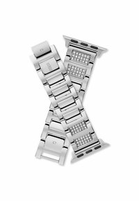 Srebrny metalowy pasek zegarka z prostokątnymi ogniwami, zawierający trzy teksturowane sekcje ozdobione przezroczystymi kryształami oraz bezpieczny mechanizm zapięcia.