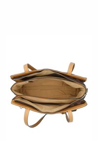 Bruin leren handtas met tan accenten, dubbele rits en een ruime beige binnenzijde, met meerdere vakken voor organisatie.