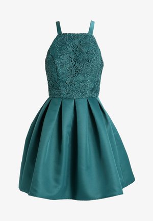 Teal jurk met een kanten lijfje met bloemenpatronen, dunne bandjes en een geplooide satijnen rok. Gladde textuur, aansluitende bovenkant met een uitlopende onderkant.