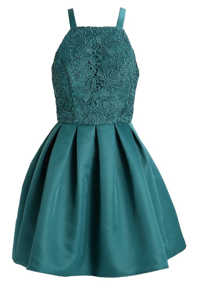 Teal klänning med en spetstopp som har blommönster, tunna band och en plisserad satinskjorta. Slät textur, figursydd topp med utsvängd nederdel.