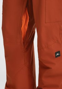 Water-resistant orange-brown ski pants with side zippered vents, pockets, and a black logo patch on the lower left leg.