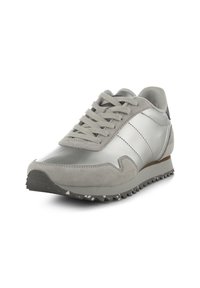 Šedé tenisky s kombinací hladkého metalického a měkkého semišového materiálu, tradičním šněrováním a texturovanou gumovou podešví s dobrou trakci.