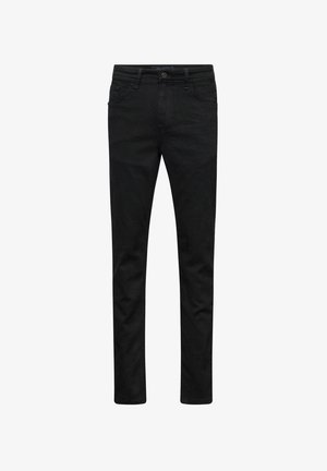 Jeans in denim nero con una vestibilità slim, design tradizionale a cinque tasche e chiusura con bottone. Texture liscia e senza motivi visibili.