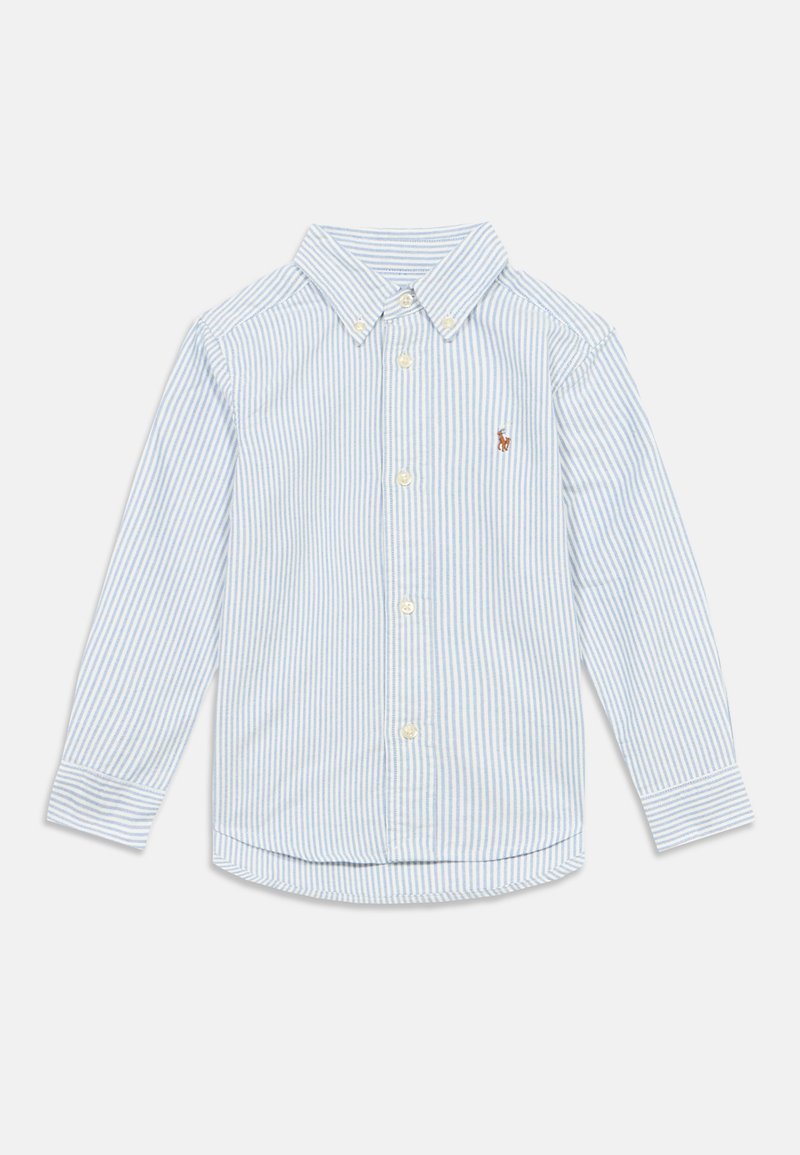 Πουκάμισο με μακριά μανίκια και κουμπιά, σε ανοιχτό μπλε και λευκές κάθετες ρίγες. Βαμβακερό ύφασμα, μυτερός γιακάς, κεντημένο λογότυπο στο στήθος, στρογγυλεμένο τελείωμα.
