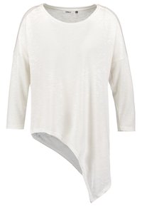 Weißes asymmetrisches Langarmoberteil aus leichtem Stoff, mit einem abgerundeten Saum und lockerer Passform sowie heruntergesetzten Schulternähten.