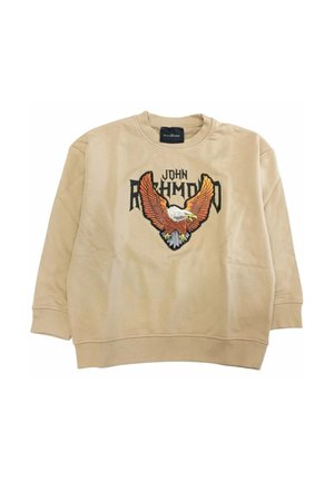 Felpa beige con maniche lunghe, presenta un design ricamato di un'aquila e il testo "JOHN RICHMOND" in nero. Tessuto morbido.
