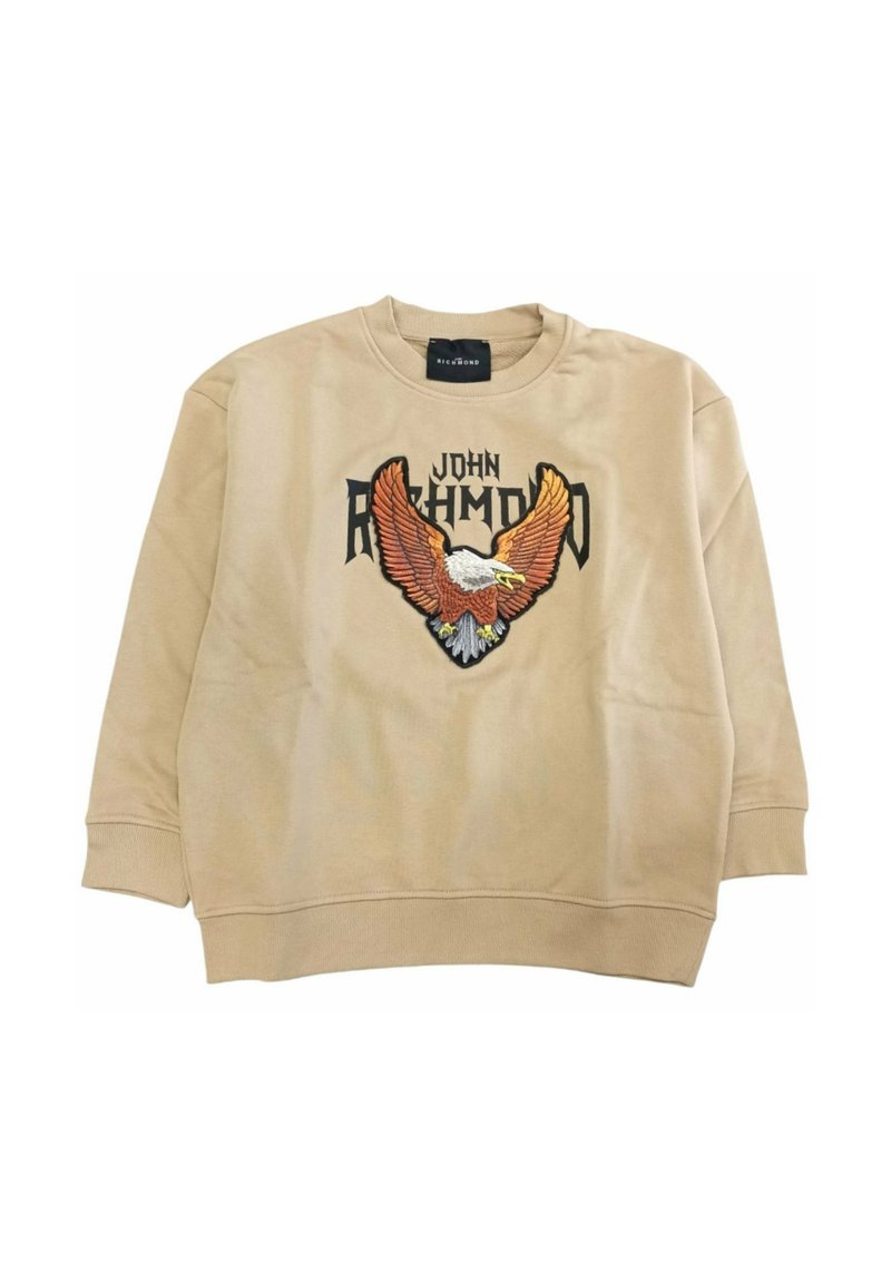 Felpa beige con maniche lunghe, presenta un design ricamato di un'aquila e il testo "JOHN RICHMOND" in nero. Tessuto morbido.