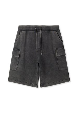Pantaloncini cargo grigio scuro realizzati in tessuto morbido, con vita elastica, coulisse e due grandi tasche laterali.